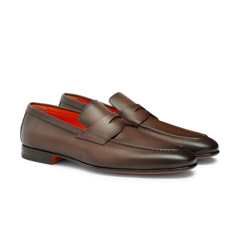 Men&rsquo;s polished brown leather penny loafer - Santoni - 3