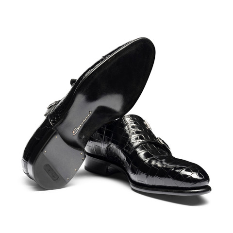 Chaussure à double boucle en alligator noir pour homme - Santoni - 3