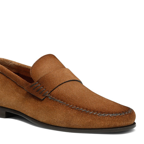 Men's light brown suede penny loafer - Santoni - 5