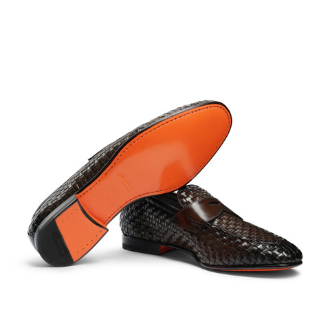 Men's brown woven leather loafer - Santoni - 4