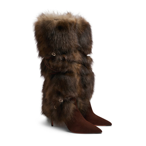 Women's dark brown leather and fox high-heel boot - Santoni - 3