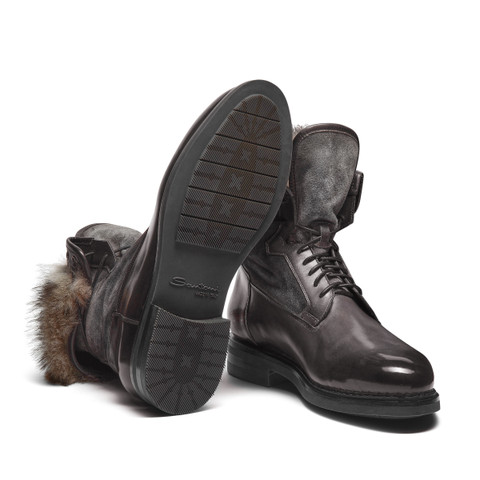 Men’s grey leather lace-up boot with fur - Santoni - 3