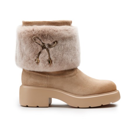 Women's beige suede Easy Bubble ankle boot with fur - Santoni - 1
