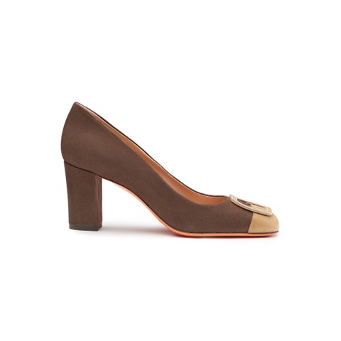 Women's dark brown and beige suede high-heel pump - Santoni - 1