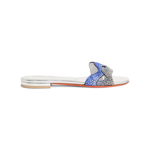 Women's silver laminated leather and crystals sandal - Santoni - 1