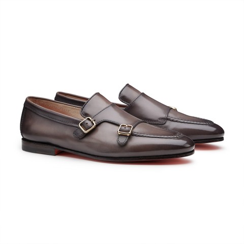 Men's brown leather double-monk loafer - Santoni - 3