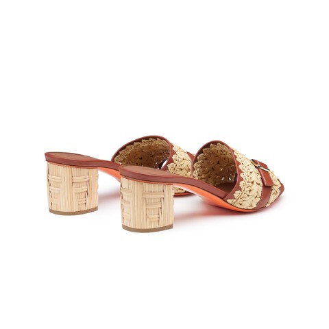 Women's brown leather and raffia mid-heel sandal - Santoni - 2