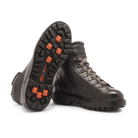 Schwarze Hiker Boots f&uuml;r Herren aus getrommeltem Leder mit Pelz - Santoni - 4
