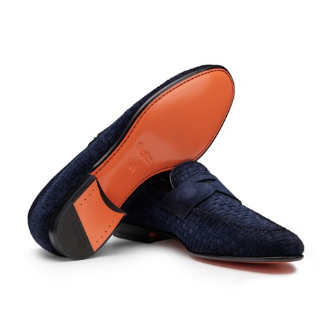 Men's blue woven suede Carlo penny loafer - Santoni - 2