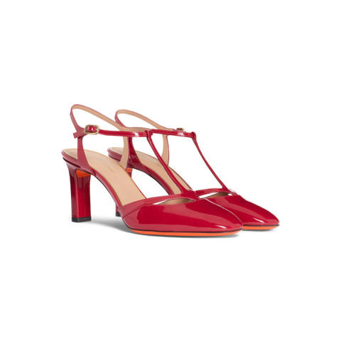Women's red patent leather high-heel T-bar pump - Santoni - 3
