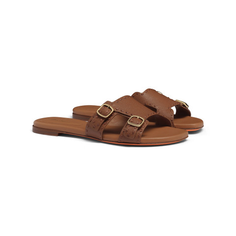 Women's brown tumbled leather double-buckle Didi slide sandal - Santoni - 3