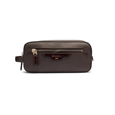 Dark brown tumbled leather beauty case - Santoni - 1