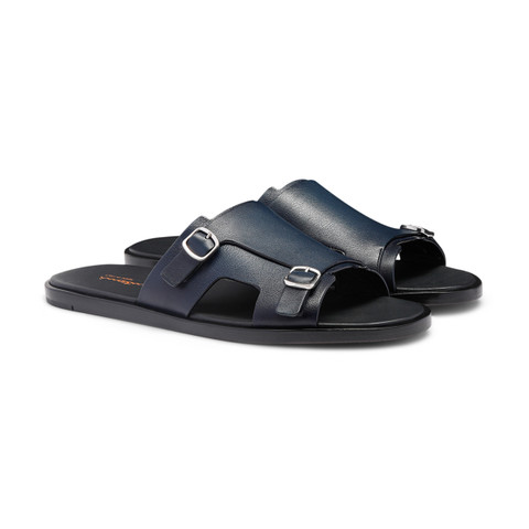 Men's blue leather double-buckle sandal - Santoni - 3