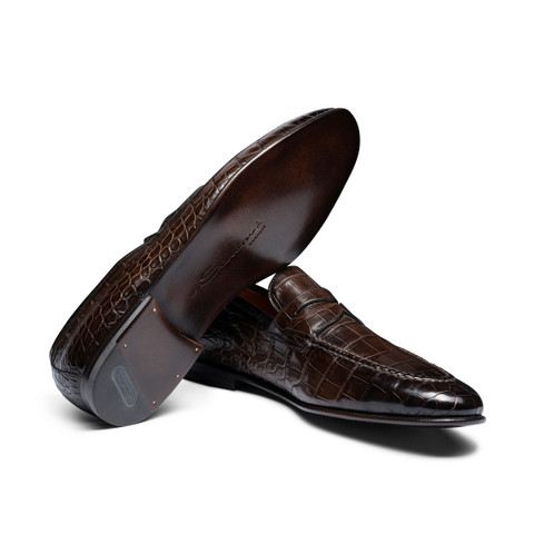 Men's dark brown alligator leather penny loafer - Santoni - 3