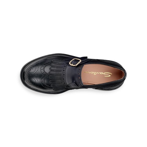 Women's black leather single monk strap shoe with frange - Santoni - 5