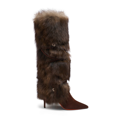 Women's dark brown leather and fox high-heel boot - Santoni - 1