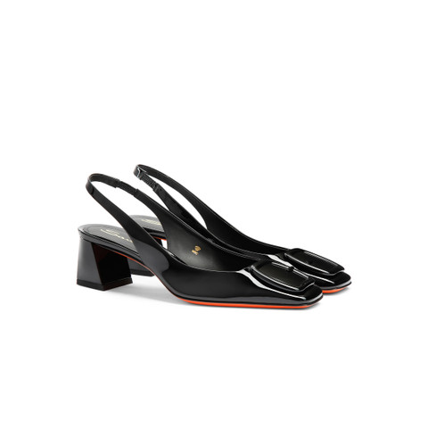 Women&rsquo;s black patent leather mid-heel slingback - Santoni - 2