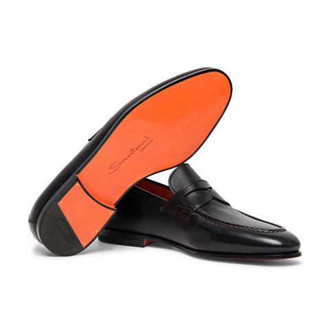 Men&rsquo;s black leather penny loafer - Santoni - 3