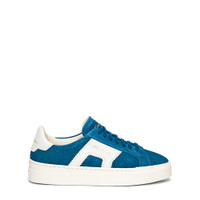 Double buckle sneaker da donna in suede e pelle blu e bianca - Santoni - 1