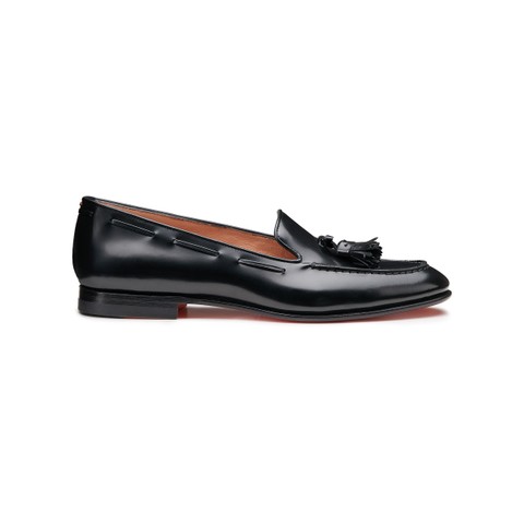 Women's black leather tassel loafer - Santoni - 1