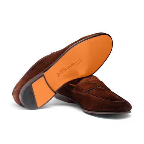 Men's dark brown suede Carlo penny loafer - Santoni - 4