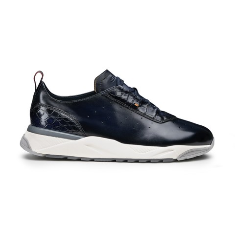 Men's blue leather and alligator sneaker - Santoni - 1