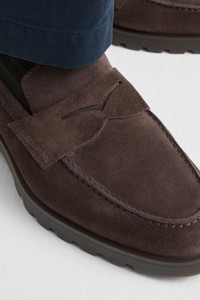 Men's dark brown suede penny loafer - Santoni - editorial