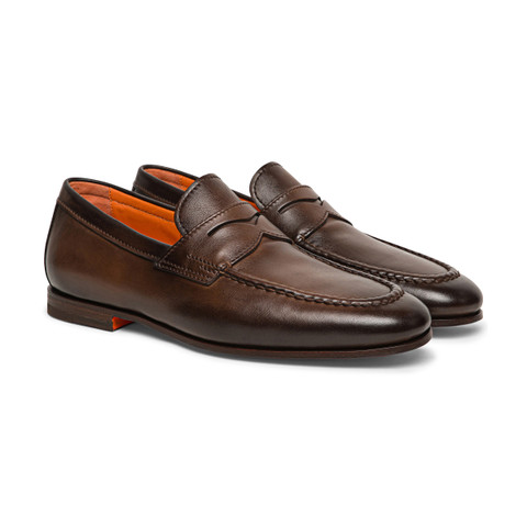 Men&rsquo;s polished brown leather penny loafer - Santoni - 2