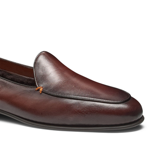 Men's dark brown leather loafer with fur - Santoni - 5