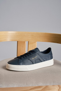 Men's blue tumbled leather double buckle sneaker - Santoni - editorial