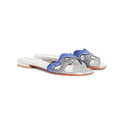 Women's silver laminated leather and crystals sandal - Santoni - 2
