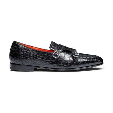 Men's black alligator leather double monk straps loafer - Santoni - 1