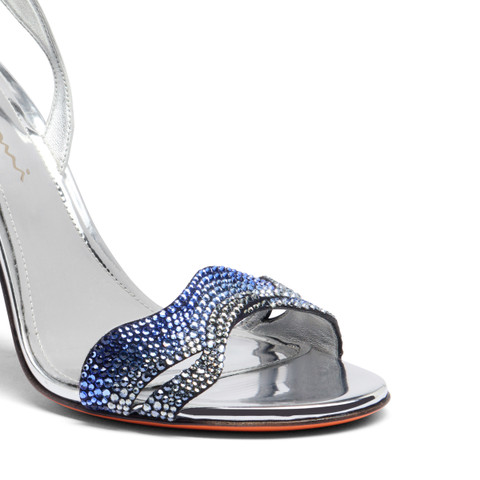 Women's silver laminated leather and crystals high-heel sandal - Santoni - 6