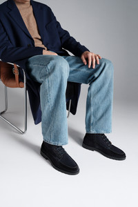 Men&rsquo;s blue suede lace-up boot with fur - Santoni - editorial