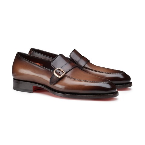 Men's brown leather single-monk loafer - Santoni - 3