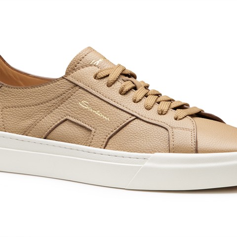 Men's beige tumbled leather Double Buckle Sneaker - Santoni - 5