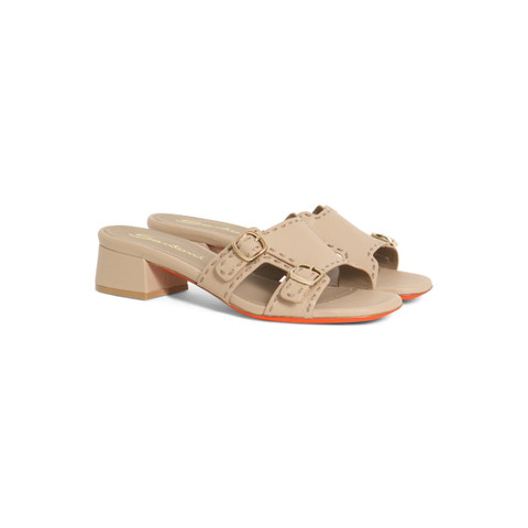 Women's beige tumbled leather double-buckle sandal - Santoni - 2