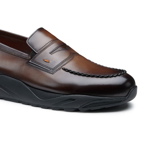 حذاء لوفر بيني رجالي من الجلد بلون بني داكن - Santoni - 4