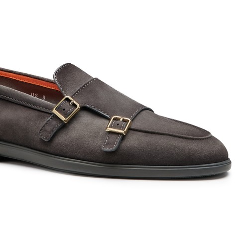 Men's grey suede double-monk loafer - Santoni - 5