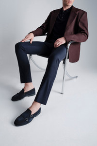 Men's blue suede double-buckle loafer - Santoni - editorial