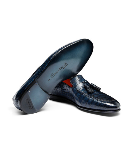 Mocassin avec glands en alligator bleu pour homme - Santoni - 3
