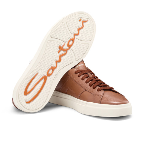 Men's light brown tumbled leather Double Buckle Sneaker - Santoni - 4