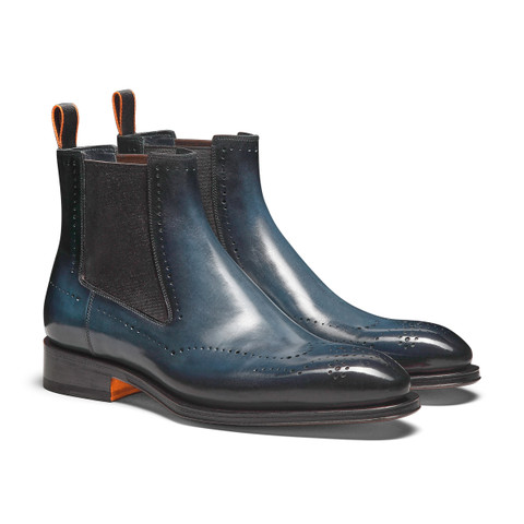 Blaue Chelsea-Boots für Herren aus Leder mit Brogue-Lochverzierung - Santoni - 3
