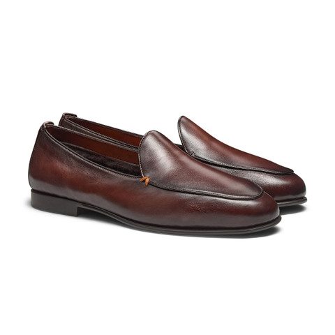 Men's dark brown leather loafer with fur - Santoni - 2