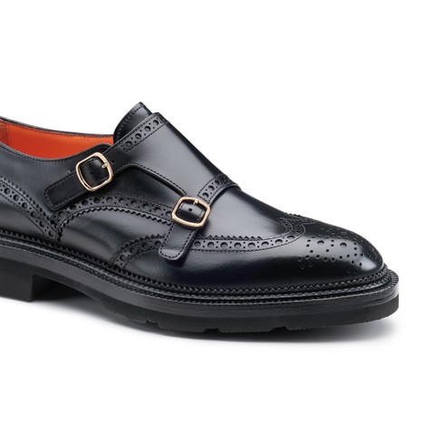 Men's black leather double monk straps shoe - Santoni - 5