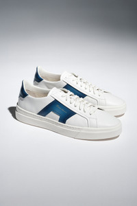 Men’s white and blue leather double buckle sneaker - Santoni - editorial