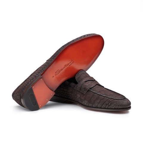 حذاء لوفر بيني رجالي من جلد نوبوك بنقشة جلد التمساح باللون البني الداكن - Santoni - 3