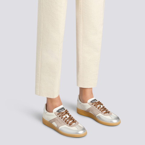 Women's white, beige and silver leather and suede DBS Oly sneaker - Santoni - 2