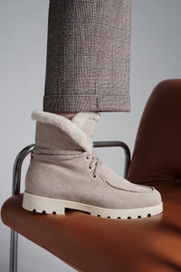 Women's beige suede ankle boot with fur - Santoni - editorial