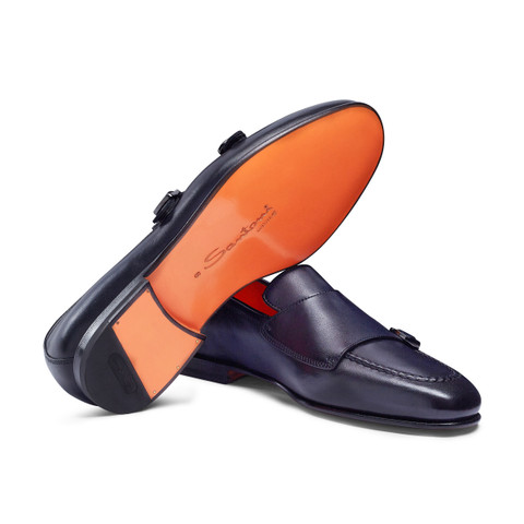 Men's polished blue leather double-buckle loafer - Santoni - 4